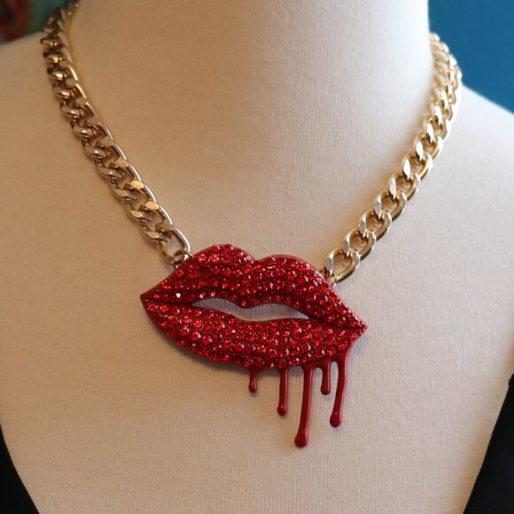 source unknown Jewelry - Bleeding Lips Rhinestone Studded Lips on a Gold Tone Choker Chain